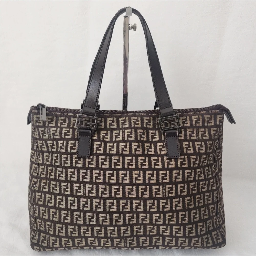 Vintage Fendi Zucchino FF Monogram Canvas Tote Bag Brown Leather Trim Italy - Picture 3 of 10